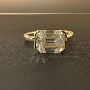 3 ct Emerald Cut Moissanite east west half bezel silver & 18k ring - GRA report